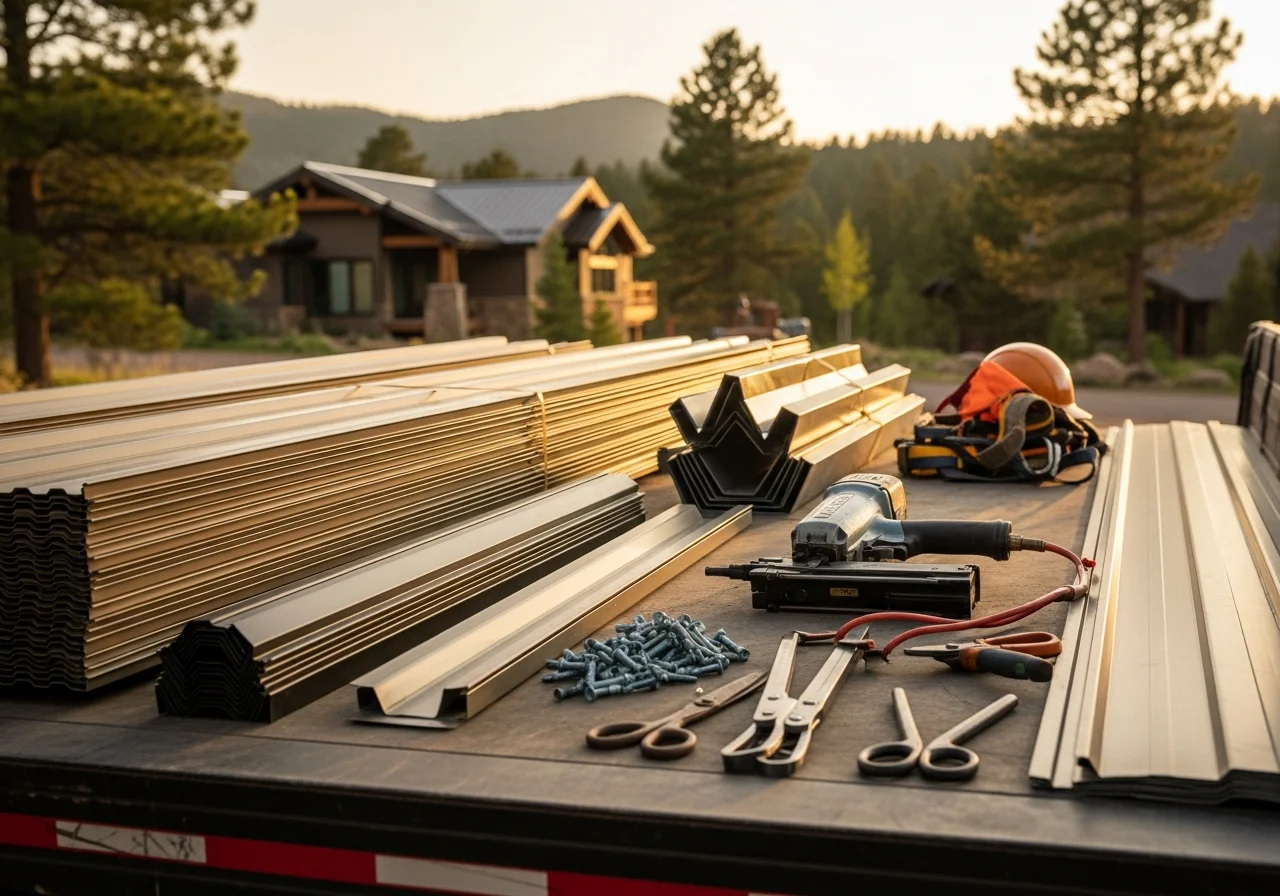 Roofing crew with tools and equipment ready for metal roof installation on a residential home.