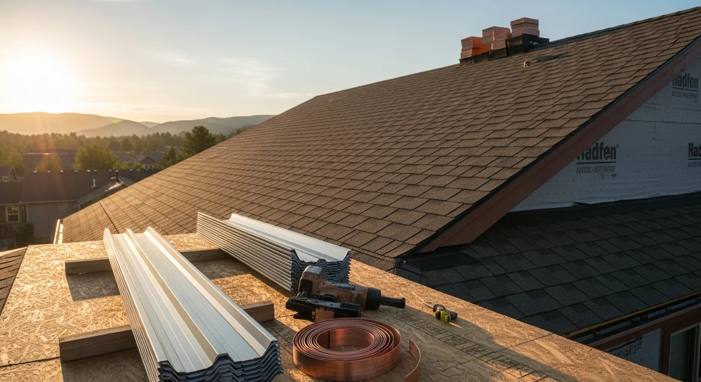 Professional roofer installing metal roofing on residential home