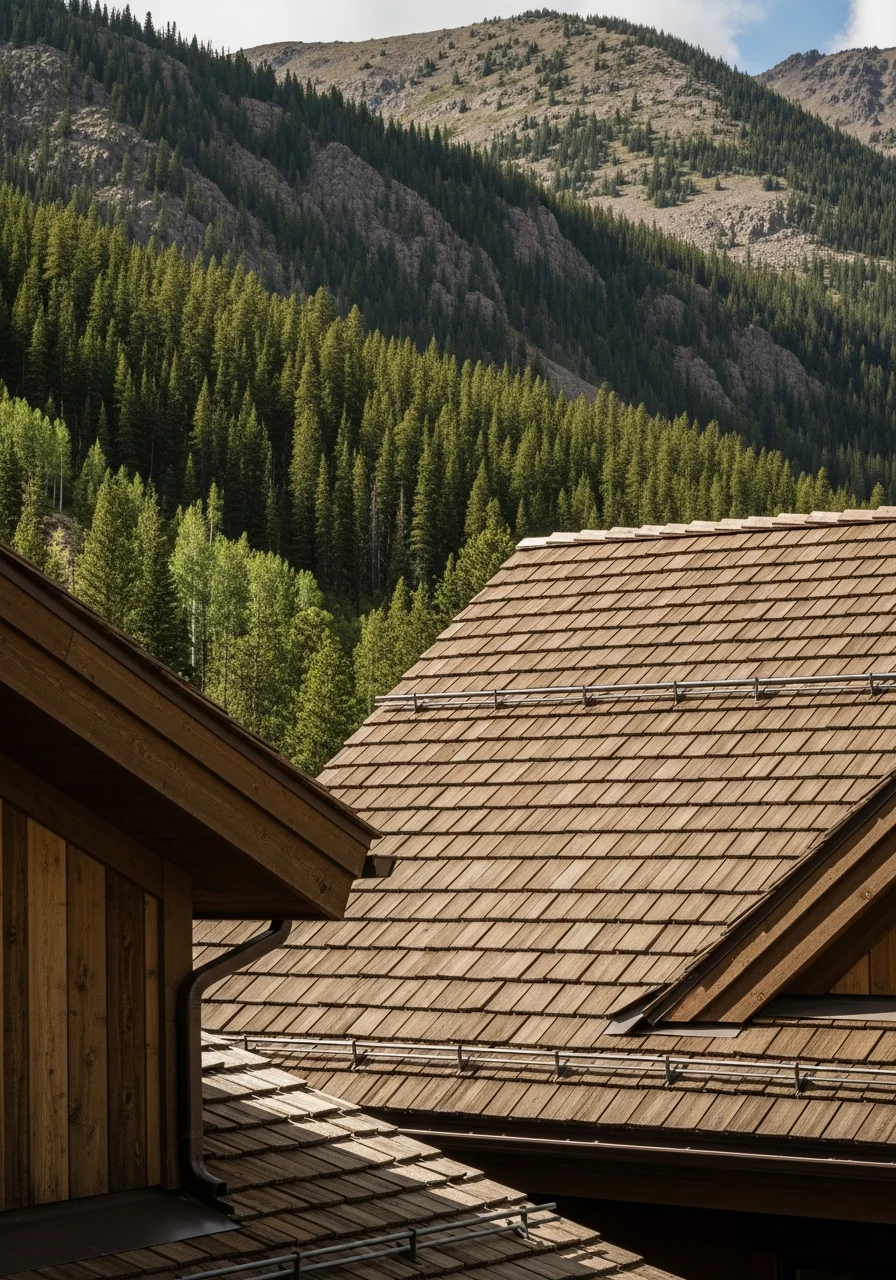 Alma mountain home exterior with surrounding forest, steep terrain, and high-altitude landscape features.