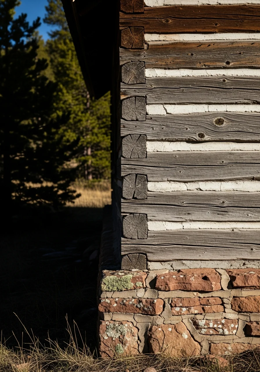 Close-up of weathered mountain cabin exterior in Bailey with stone foundation and timber framing against forest backdrop.