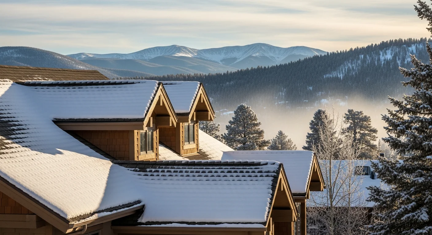Mountain home in Bailey, Colorado with snow-covered roof and evergreen trees in background, showing high-altitude construction details.