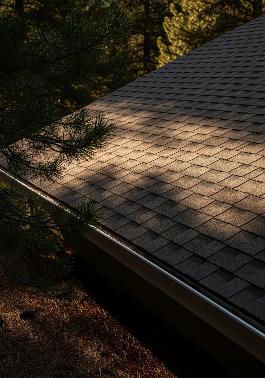 Exterior detail of Conifer property with mature trees, stone work, and natural landscape preservation around foundation.