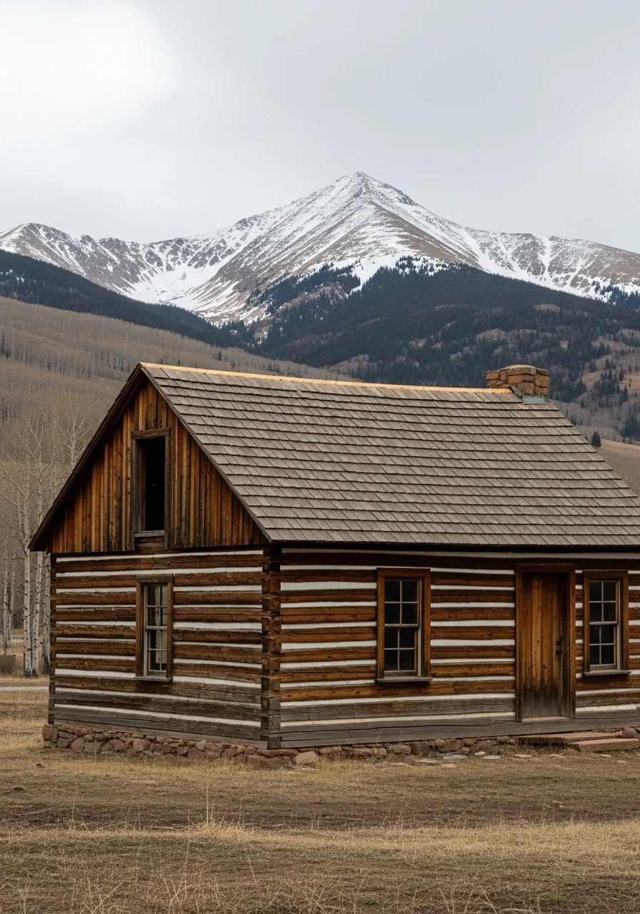 Historic Fairplay building or cabin exterior with mountain backdrop, showing high-altitude construction and weathering.