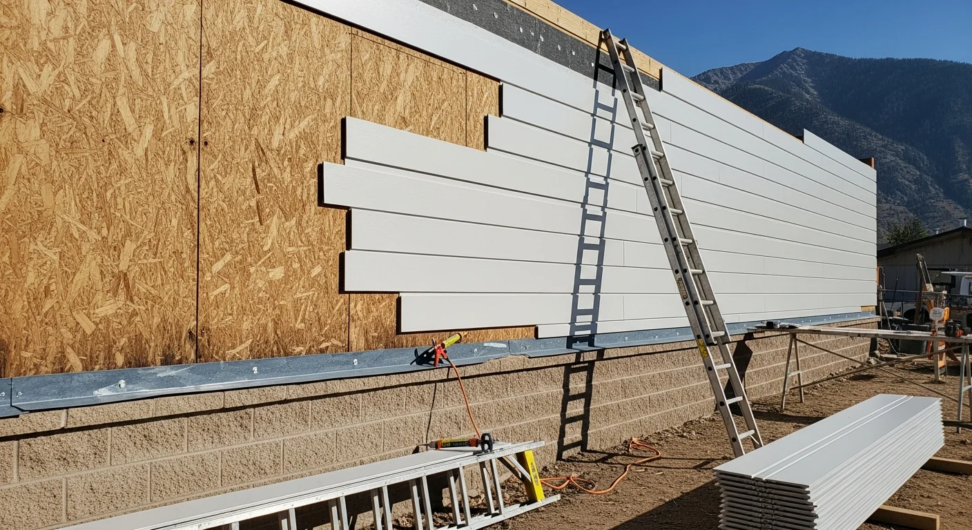 Freshly installed commercial siding on a small business building in Bailey, CO, with mountain terrain visible in the background. The exterior wall shows clean panel alignment and finished trim details at the roofline and corners.