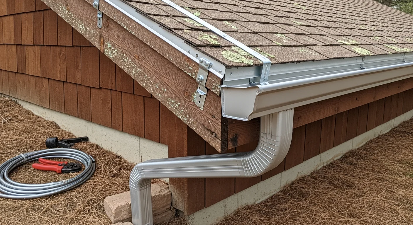 A newly installed metal downspout running along the exterior corner of a mountain home in Bailey, CO, with a downspout extension directing water away from the foundation onto a pine-needle-covered slope. The home's wood siding and steep roofline are visible in the background.