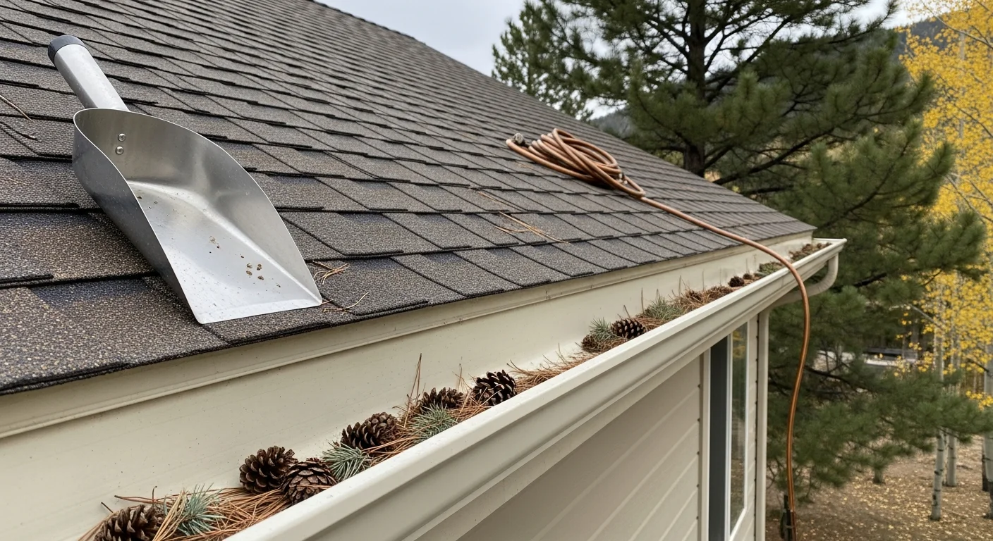 A roofing contractor clearing packed pine needles and debris from the gutters of a mountain home in Bailey, CO. The cleaned gutter channel shows open downspout flow against a backdrop of ponderosa pine trees.