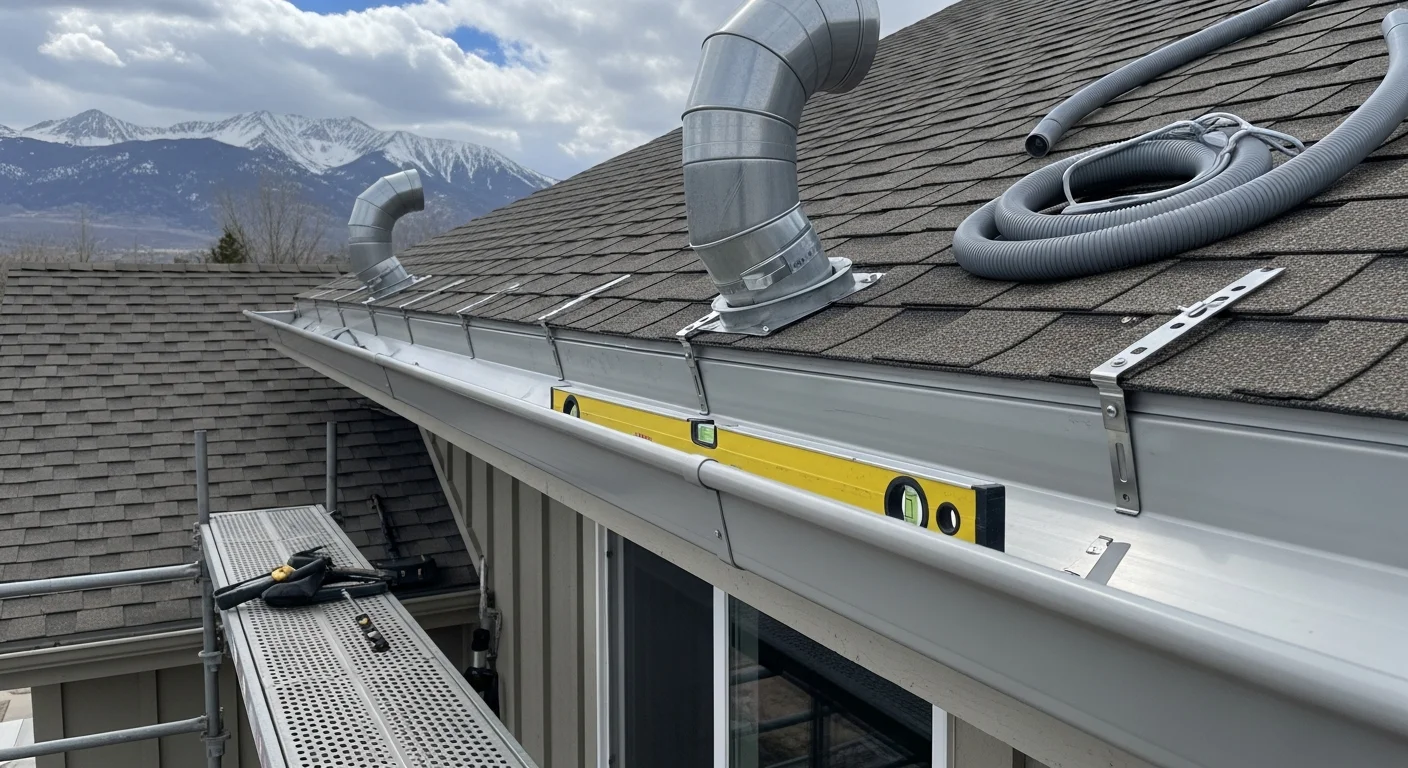 Newly installed gutters on a mountain home in Bailey, CO with snow-covered pine trees visible in the background. Downspouts are positioned along the roofline to direct water away from the home's foundation on a sloped lot.