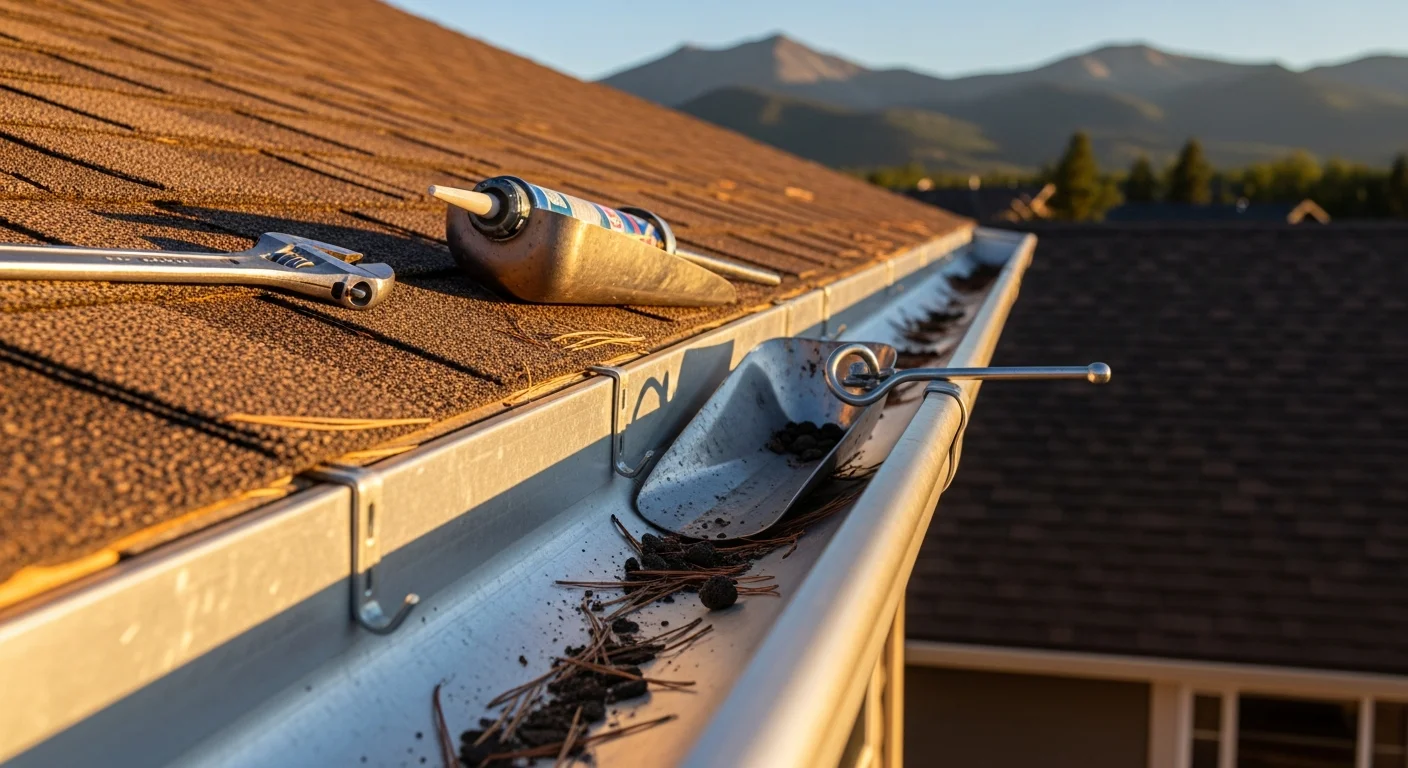 A repaired gutter section on a Bailey, CO mountain home with a sloped roof, showing a properly reattached hanger and sealed joint along the eave. Pine trees and a rocky hillside are visible in the background.