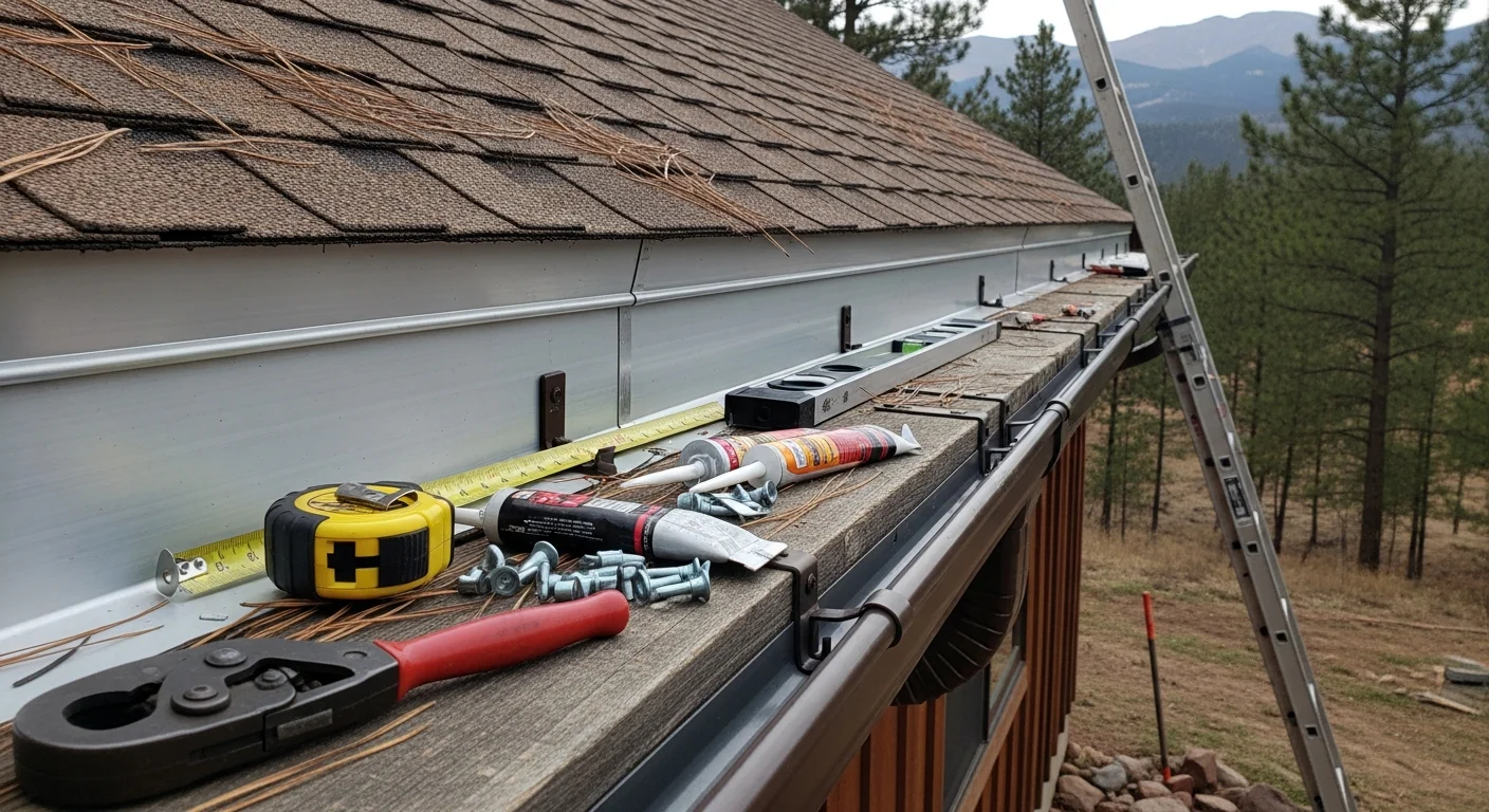 New gutters installed along the roofline of a mountain home in Bailey, CO, with downspouts directed away from the foundation on a pine-tree-lined lot. Close-up shows clean fascia attachment and properly pitched gutter run following a full replacement by Carpenter Roofing LLC.