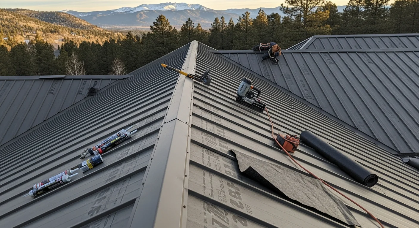 A completed metal roof installation on a residential home in Bailey, CO, with mountain terrain visible in the background. The standing seam panels run the full pitch of the roof, showing clean panel lines and sealed ridge and valley details.