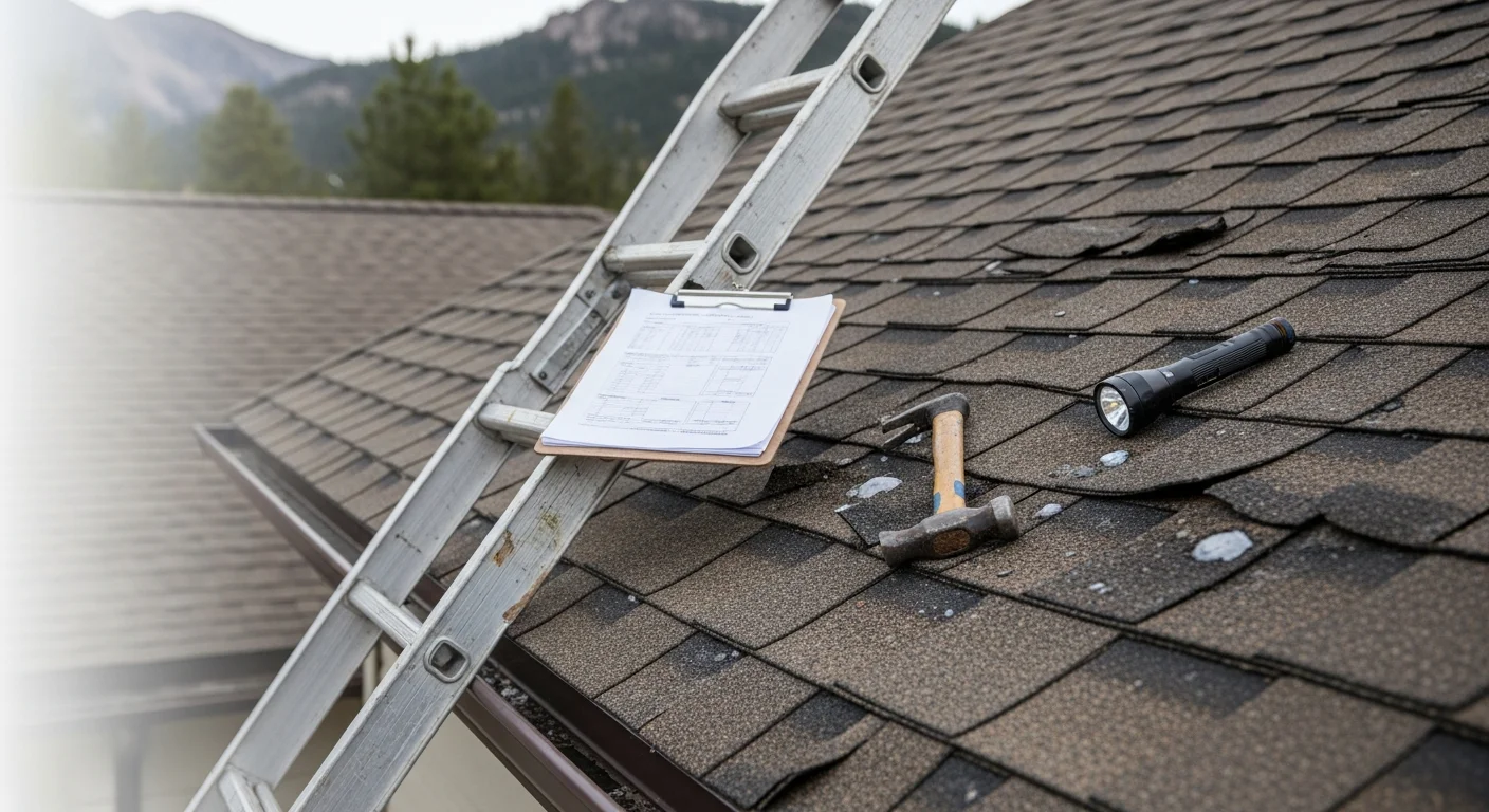 A roofing contractor inspecting the shingles and flashing on a residential mountain home in Bailey, CO. The image shows a steep-pitched roof with visible snow wear patterns and surrounding Rocky Mountain terrain.