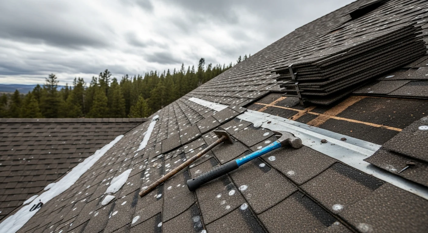 A steep-pitched residential roof in Bailey, CO showing completed shingle repair work on a mountain home surrounded by pine trees. Close-up view of patched sections near the roof valley with clean flashing and uniform shingle alignment.