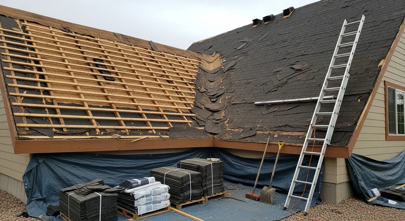 A completed roof replacement on a two-story mountain home in Bailey, CO, surrounded by pine trees with new roofing material visible against a clear Colorado sky. The steep-pitch roof shows clean ridge lines and uniform coverage typical of high-elevation residential work in Park County.
