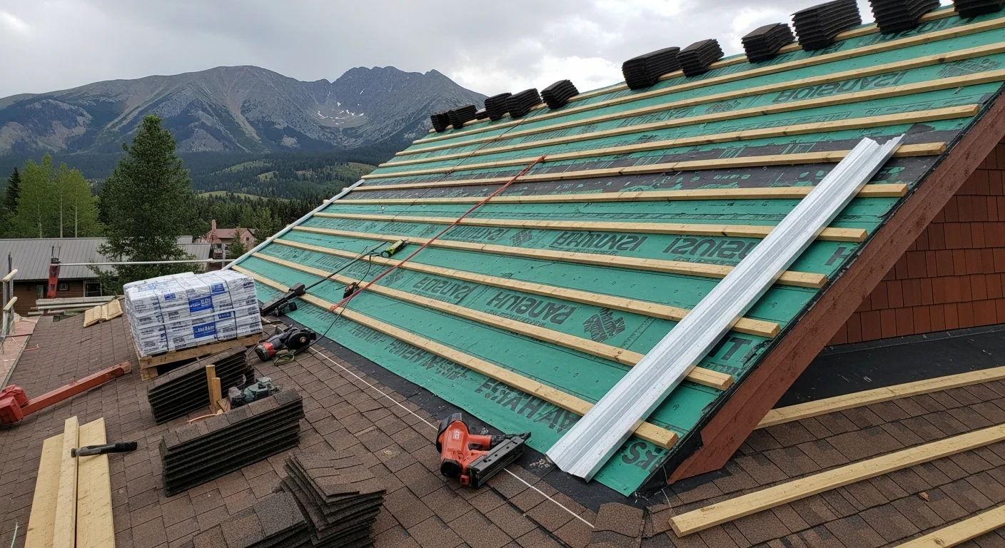 A freshly installed shingle roof on a steep-pitched mountain home in Bailey, CO, with snow-covered pine trees visible in the background. New shingle courses run cleanly from ridge to eave across the full roof deck.
