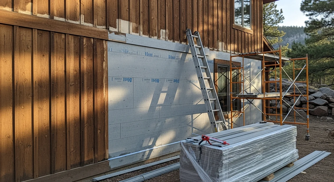 Close-up of repaired exterior siding on a mountain home in Bailey, CO, showing tight panel seams and restored trim against a backdrop of pine trees. A contractor from Carpenter Roofing LLC finishes a section of siding on a multistory home typical of the Platte Canyon area.