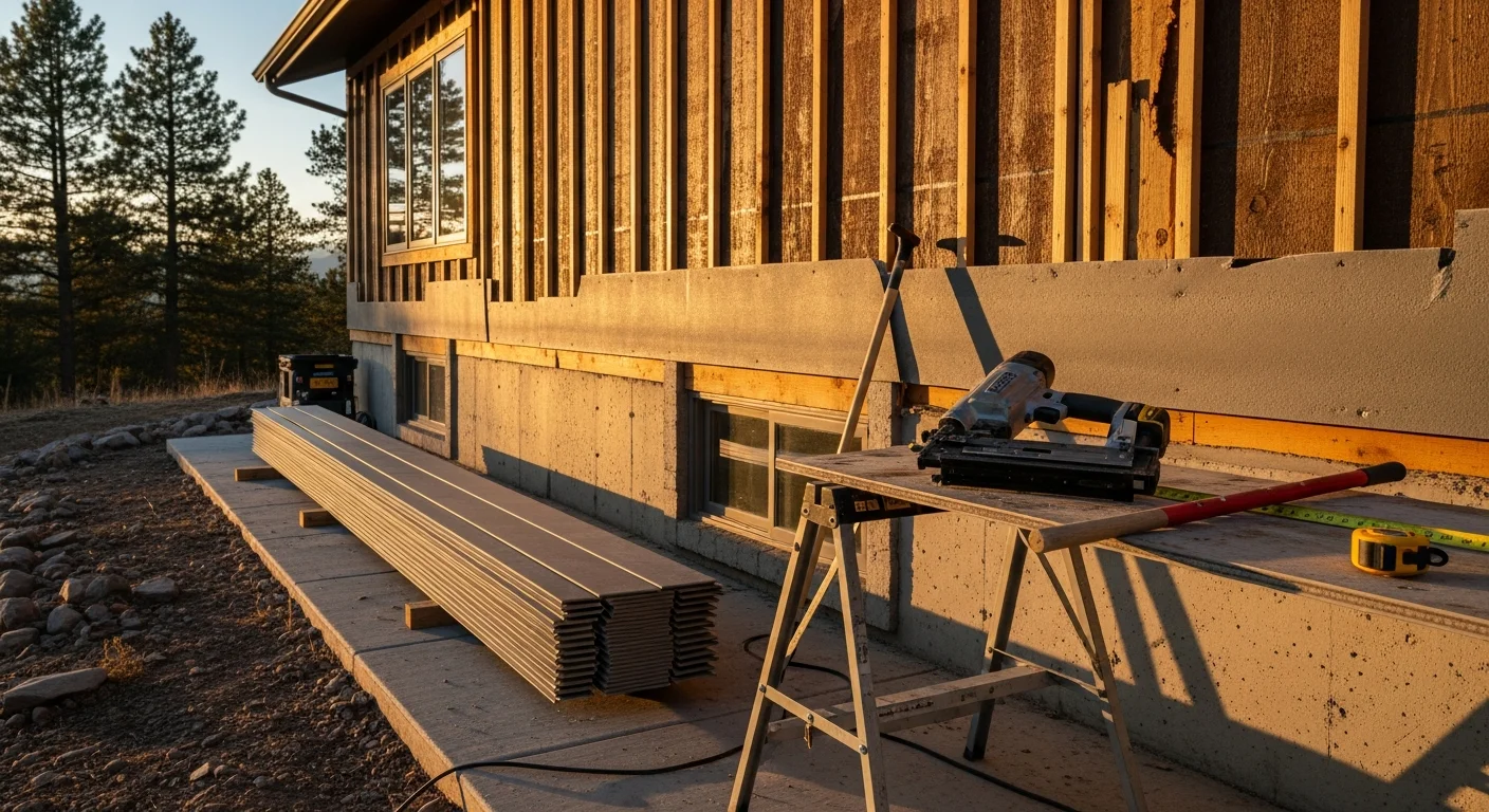 Freshly installed siding on a mountain home in Bailey, CO, with pine trees and a wooded hillside visible in the background. The new exterior panels show clean, even lines replacing the old weathered cladding on a ranch-style property.